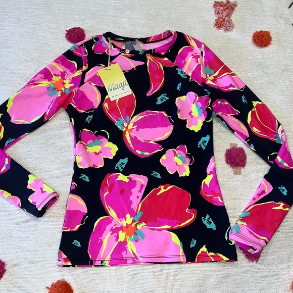 NWT Maaji Floral LongSleeve Rash Guard Swim Top MED Bright Floral Print on Black - Picture 5 of 16